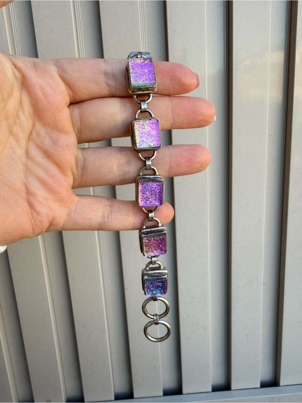 Vintage 925 Sterling Silver Bracelet with Iridescent Purple Square Glass Accents